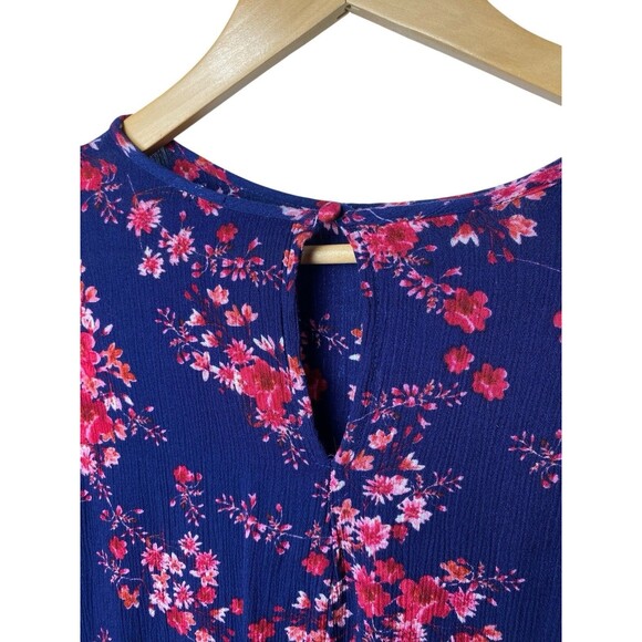 Roebuck & Co Womens Floral Peplum Top M Navy Pink Long Sleeve Tie Cuffs Boho - Picture 3 of 9
